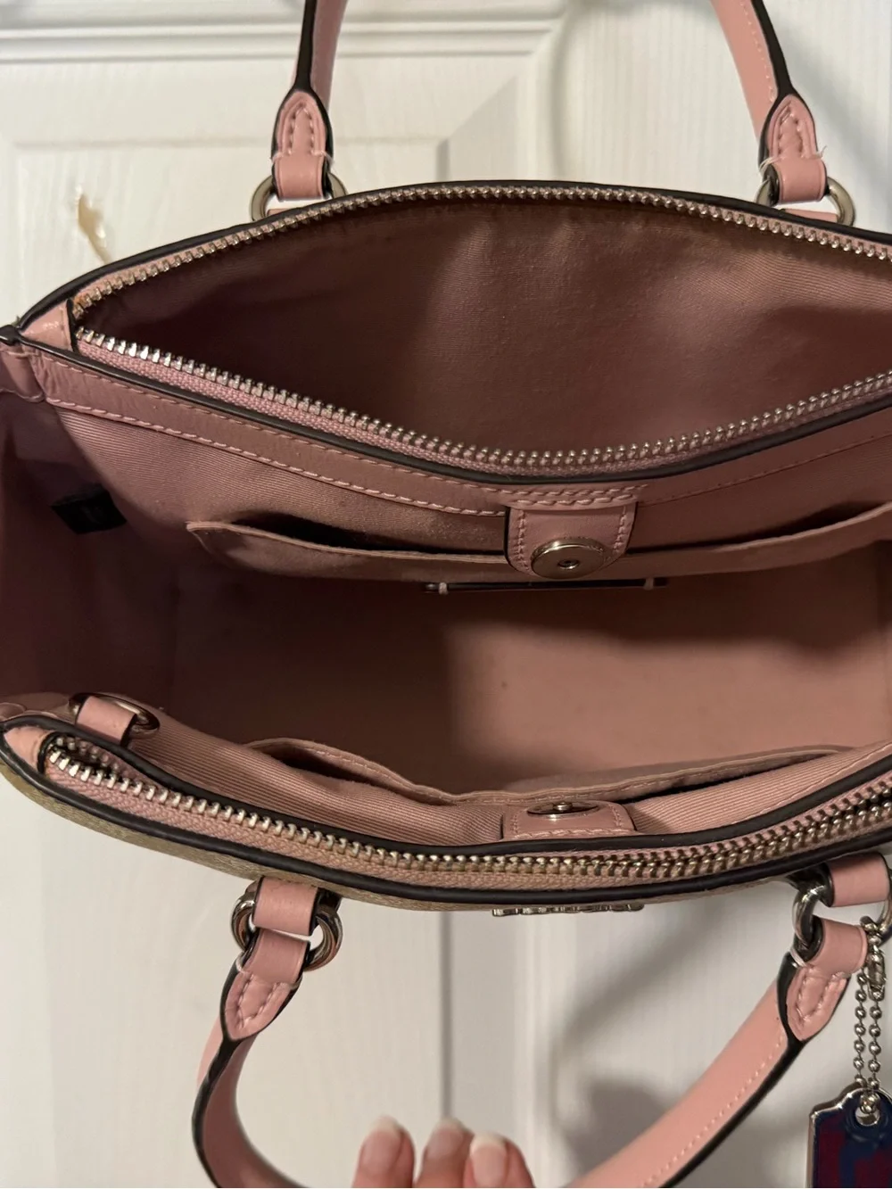Coach Khaki Canvas Satchel with Pink Trim